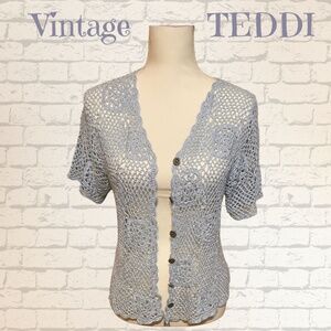 Teddi Vintage Womens Open Work Crochet Light Blue Short Sleeve Cardigan Size S